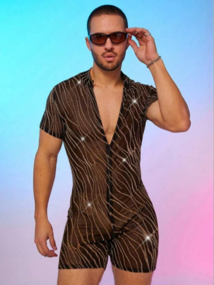 Men's Metallic Mesh Sheer Catsuit Lounge Romper
